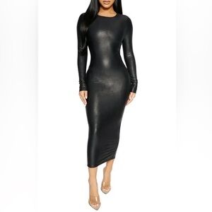 NWT Naked Wardrobe Black Faux Leather Long Sleeve Bodycon Maxi Dress Size S